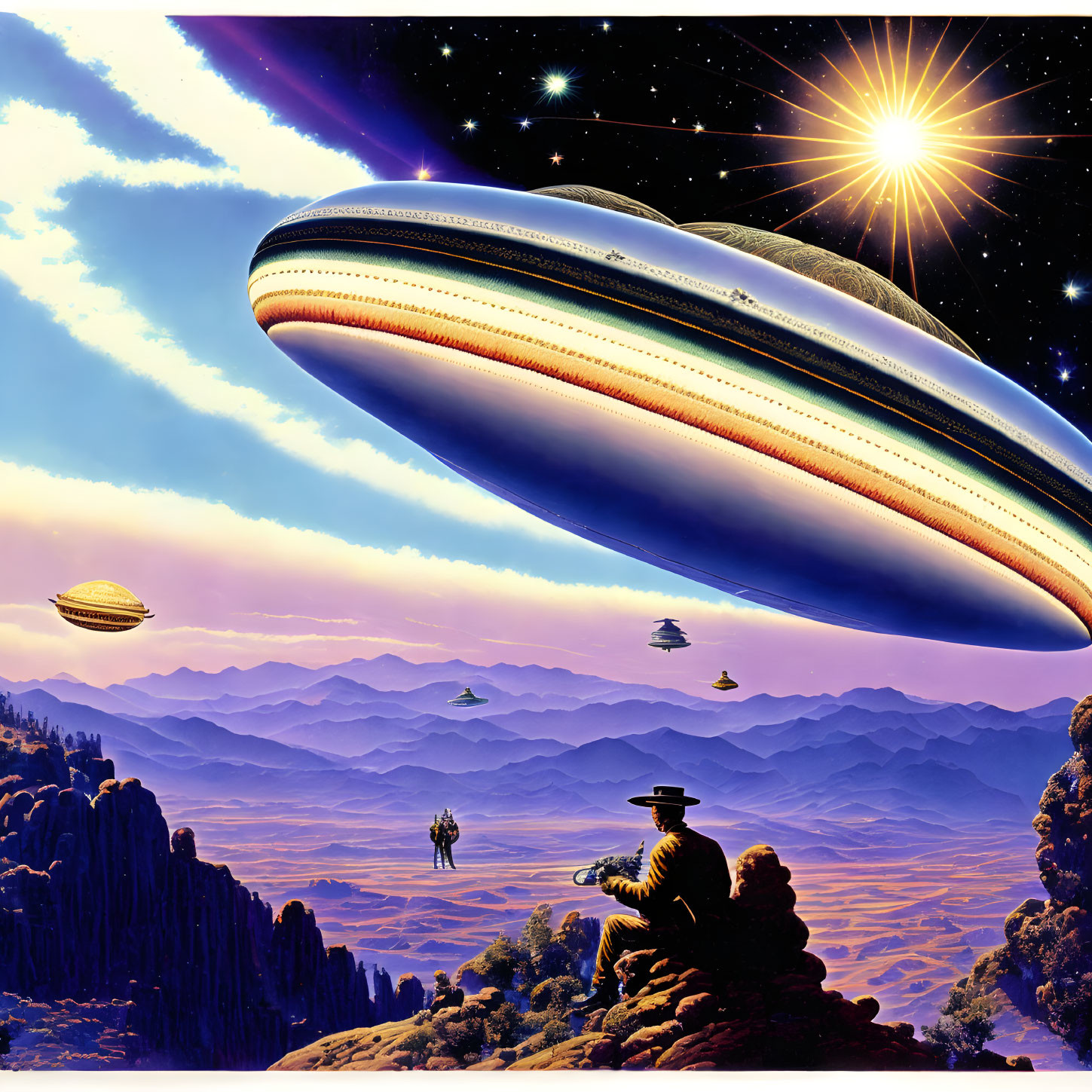 Large Spaceships Hovering Above Mountainous Landscape with Humanoid Figures and Starry Sky