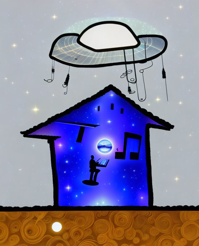 Illustrated house with person on computer under starry sky and UFO with cords