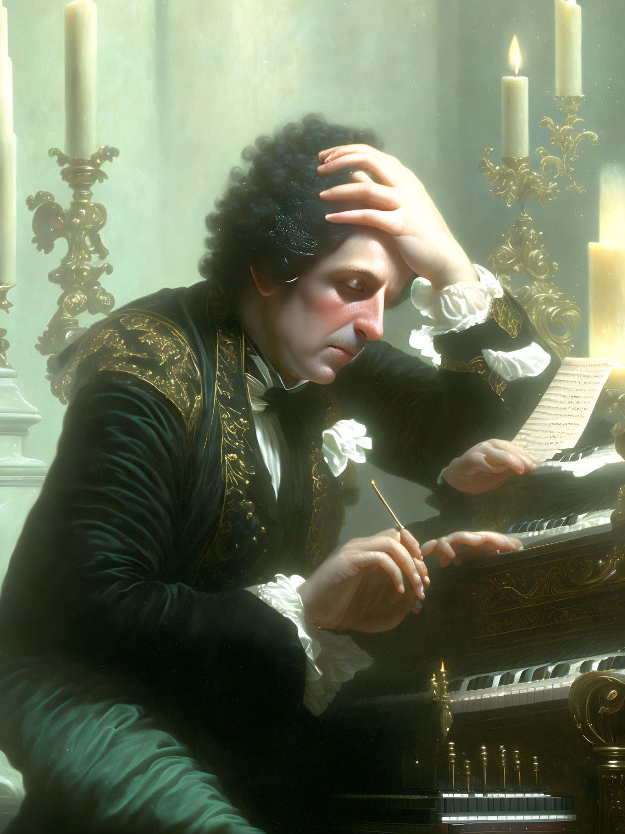 Historical figure with quill by piano and candles