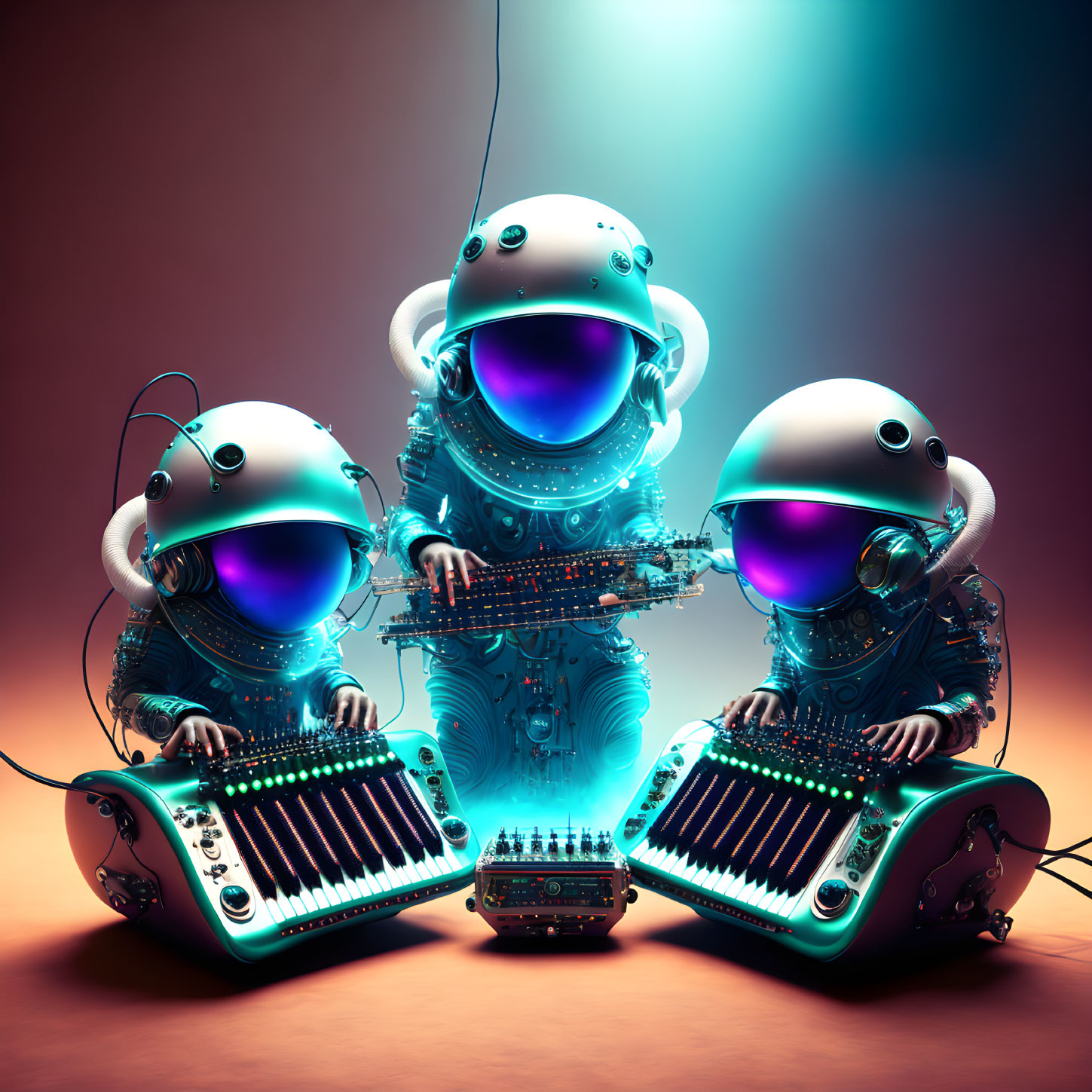 Futuristic robots with helmets playing musical instruments amid colorful lighting