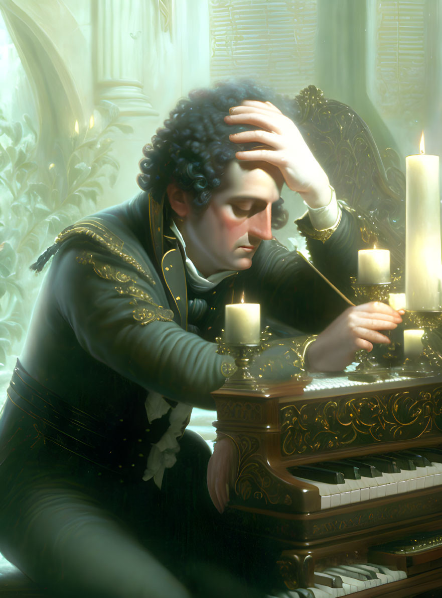 Historically dressed man at piano with candles and sunlight