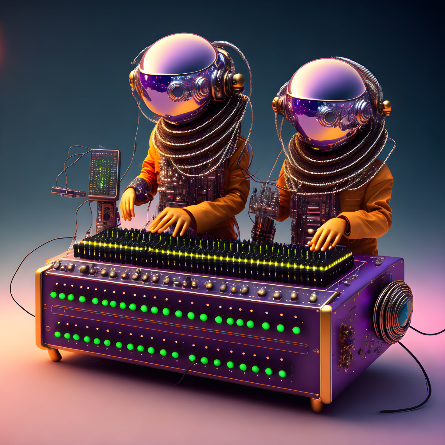 Stylized astronaut figures DJing on colorful mixing console