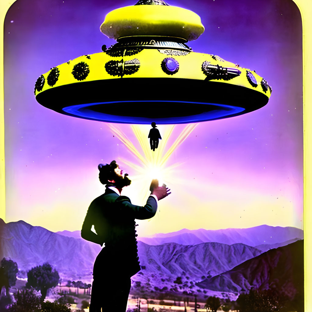 Man gesturing at colorful flying saucer abducting person at dusk