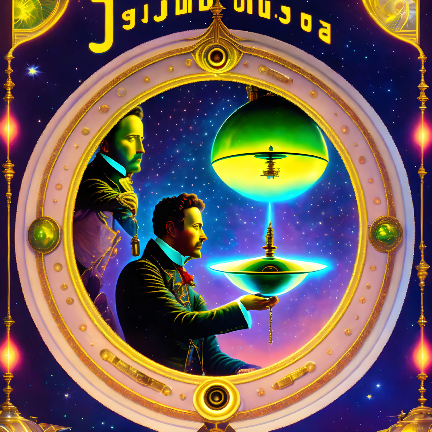 Illustration of two men in historical attire observing a floating gyroscope in ornate frame against cosmic backdrop