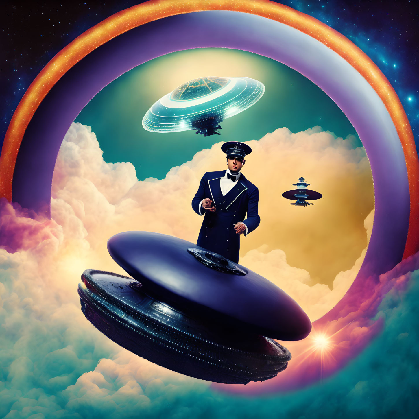 Uniformed pilot on flying saucer under colorful space arc with UFOs