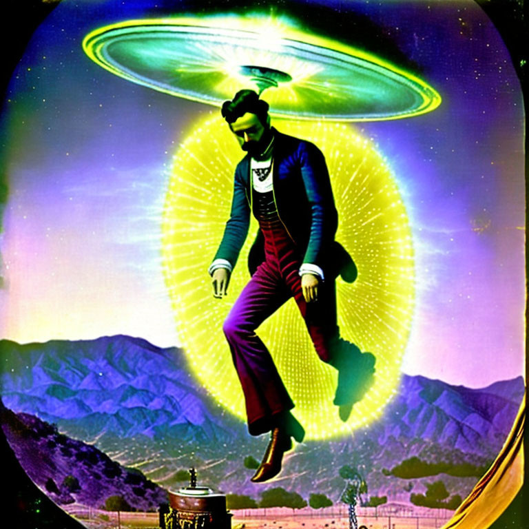 Floating man in vintage attire with UFO in cosmic backdrop