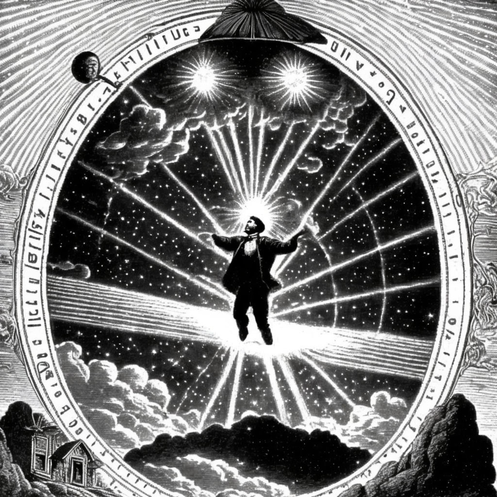 Monochrome illustration of person reaching cosmic portal with zodiac symbols