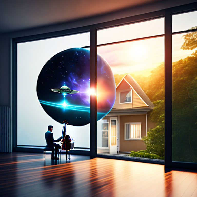 Person at telescope gazes at surreal house, planet, and spacecraft view.