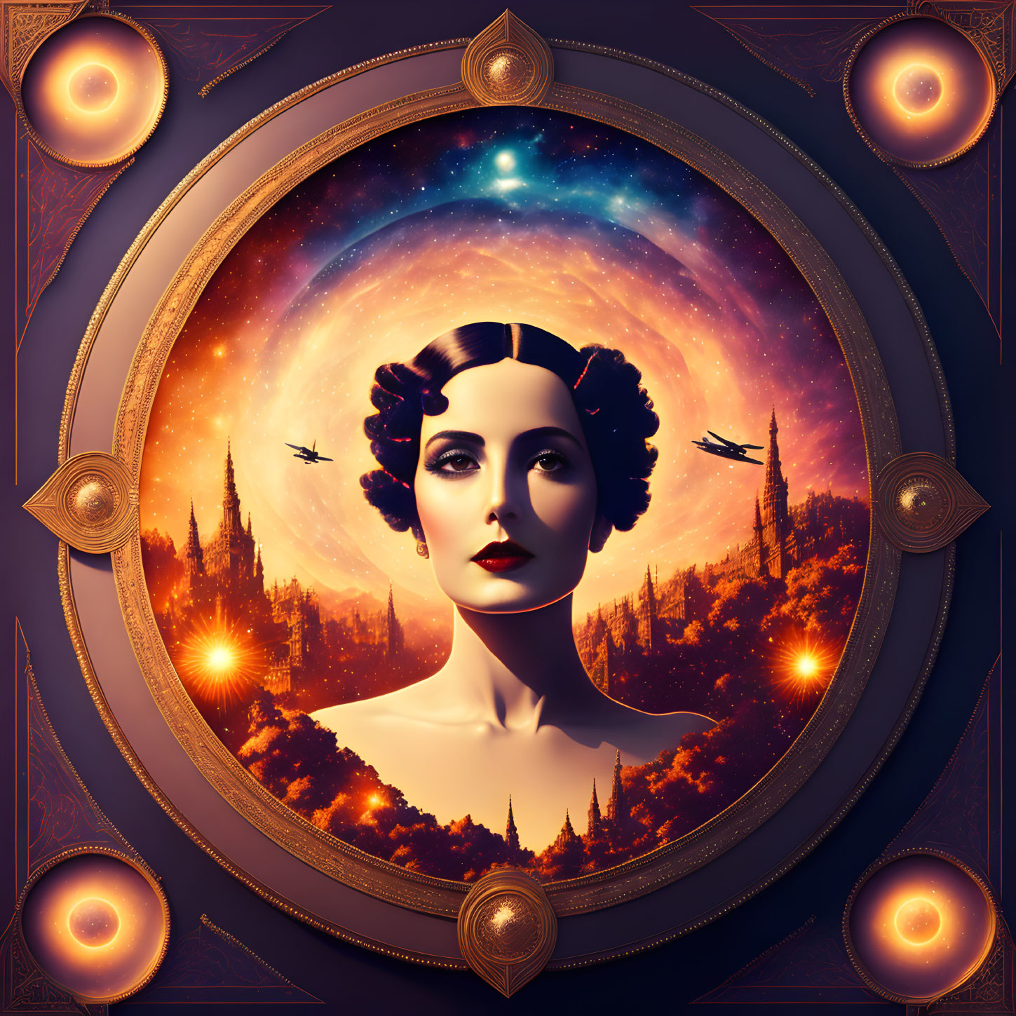 Surreal portrait of woman with cosmic backdrop and golden frame.