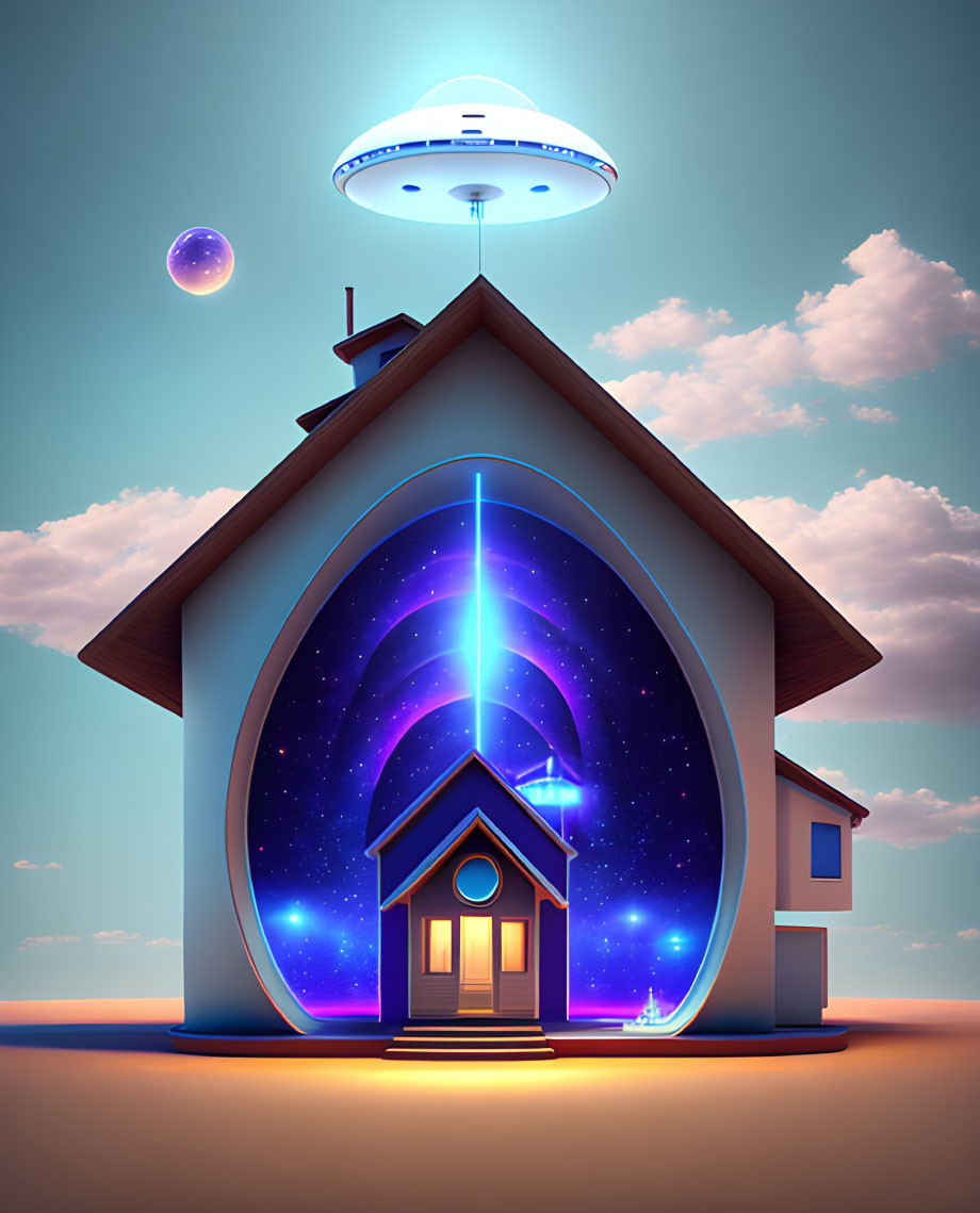 Illustration: Whimsical house with cosmic portal, UFO, twilight sky, distant planet