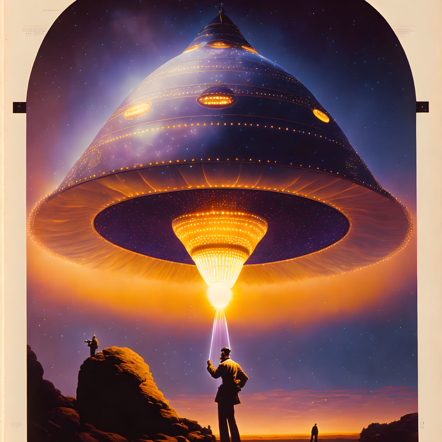 Detailed Retro-Futuristic UFO Poster with Silhouetted Figures