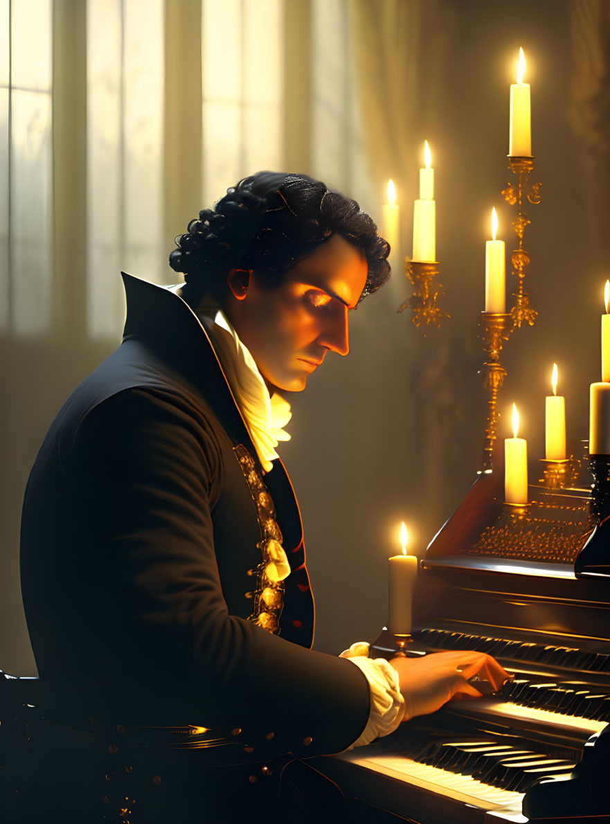 Historical setting: Pianist in period attire by candlelight