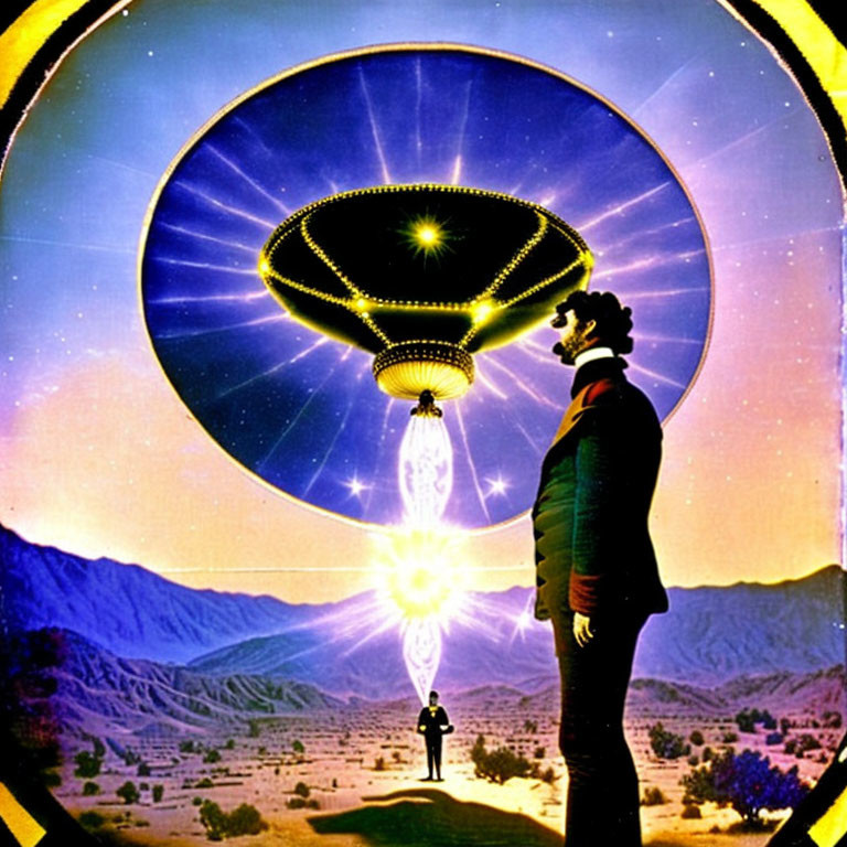 Retro-style illustration of UFO beaming light in desert