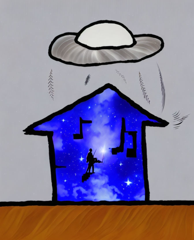 Surreal blue silhouette house with stars, person on ladder, and UFO emitting beams and feathers.