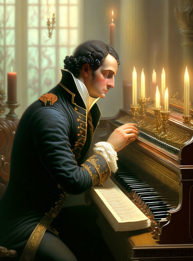 Historical Military Uniform Man Playing Grand Piano in Candlelit Room