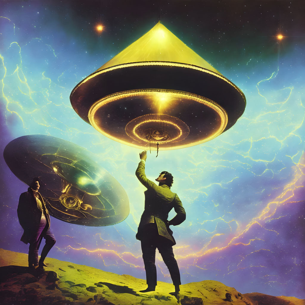 Men in vintage attire on alien landscape with colossal UFOs in starry sky