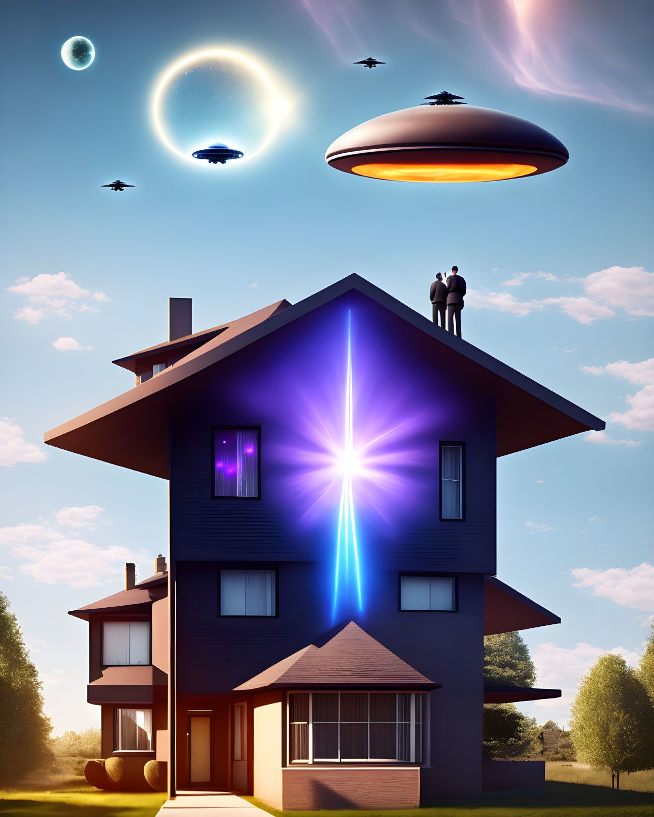 Two people on a house under surreal sky with UFO, flying saucers, celestial crack, and