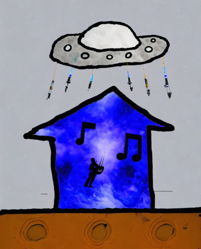 Stylized UFO beaming light and music onto house with violin player in gray background