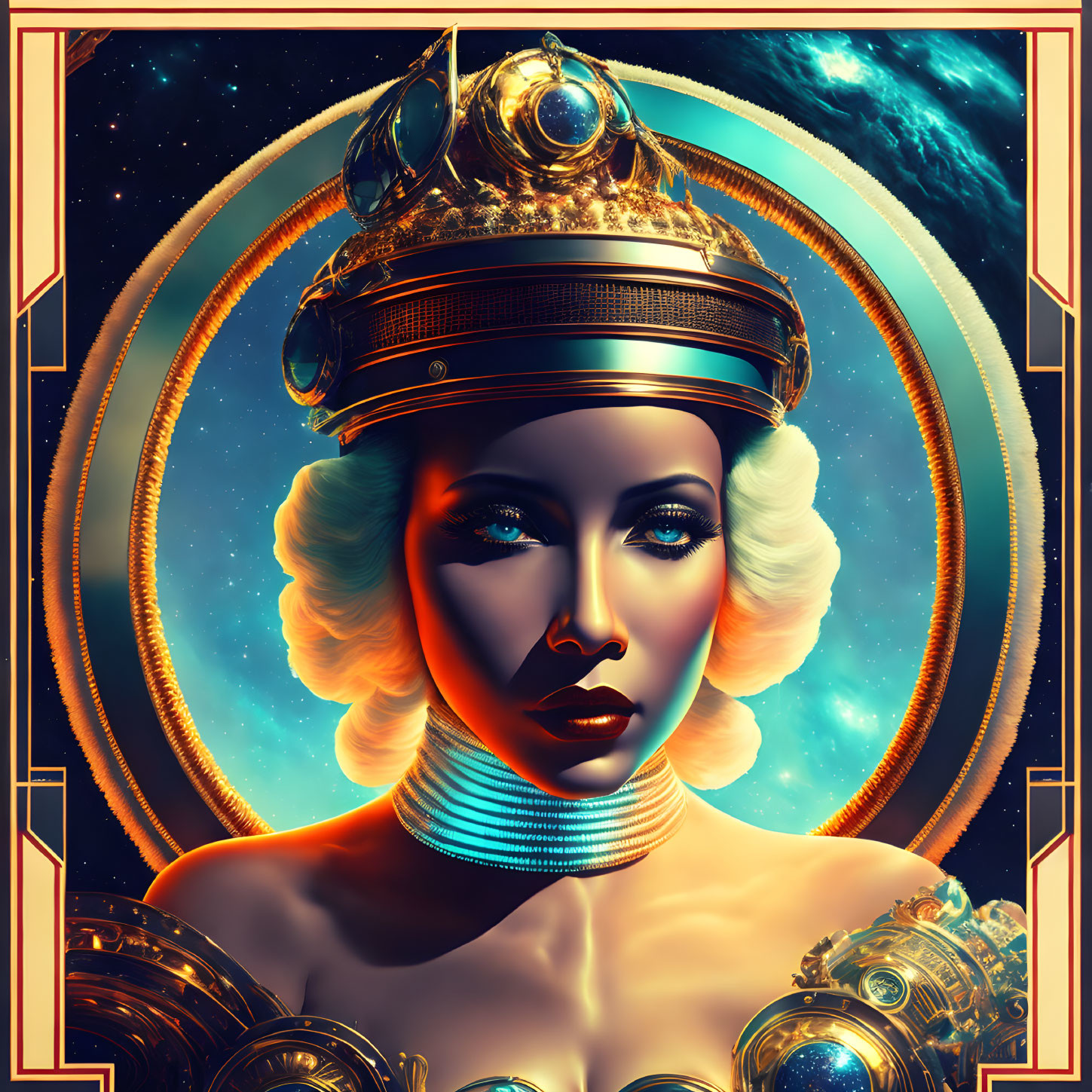 Futuristic female figure with celestial crown in space-themed artwork