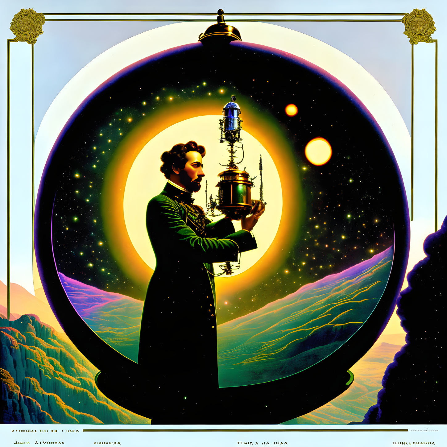 Retro-futuristic man with lantern in space setting