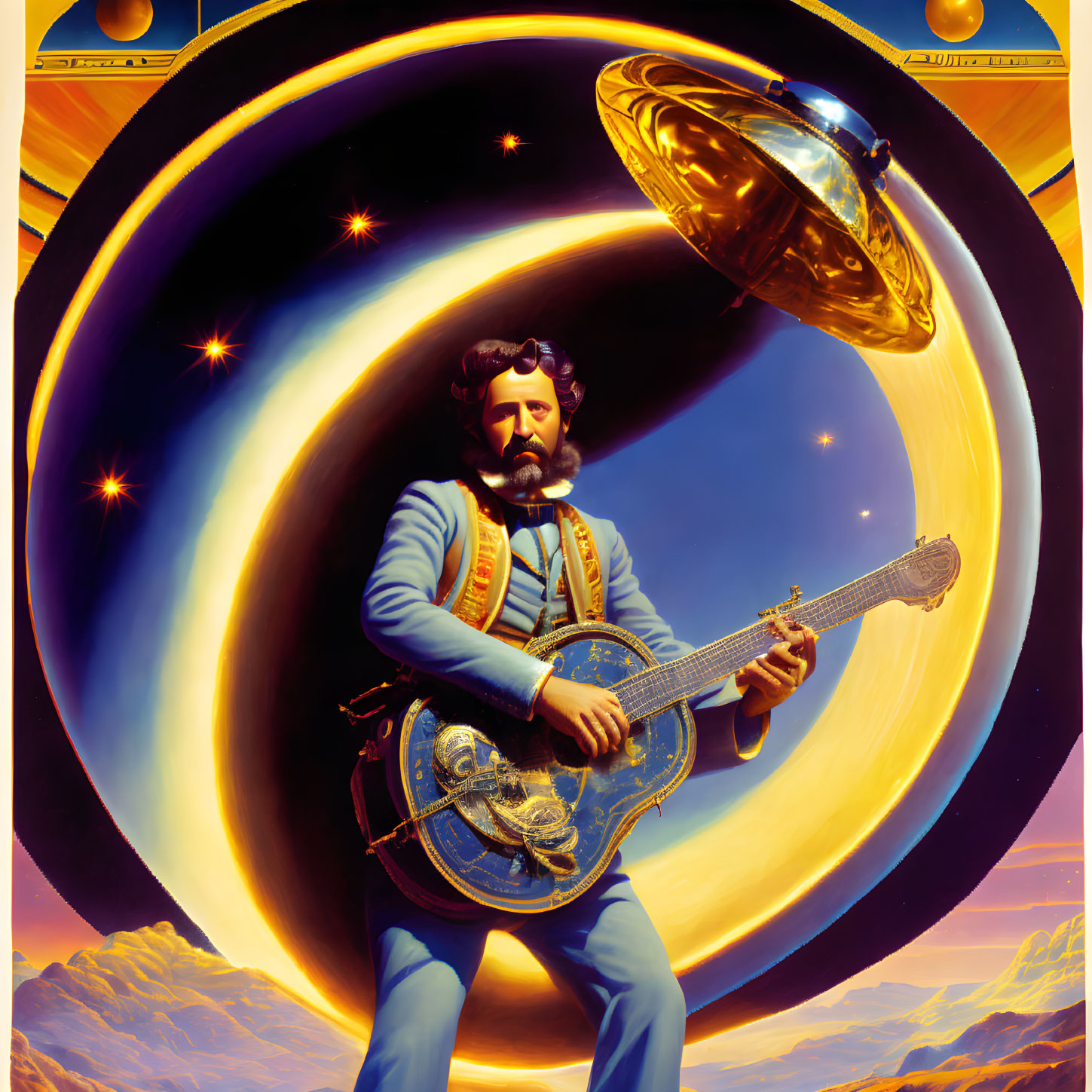 Man in Blue Uniform Playing Ornate Banjo in Surreal Cosmic Scene