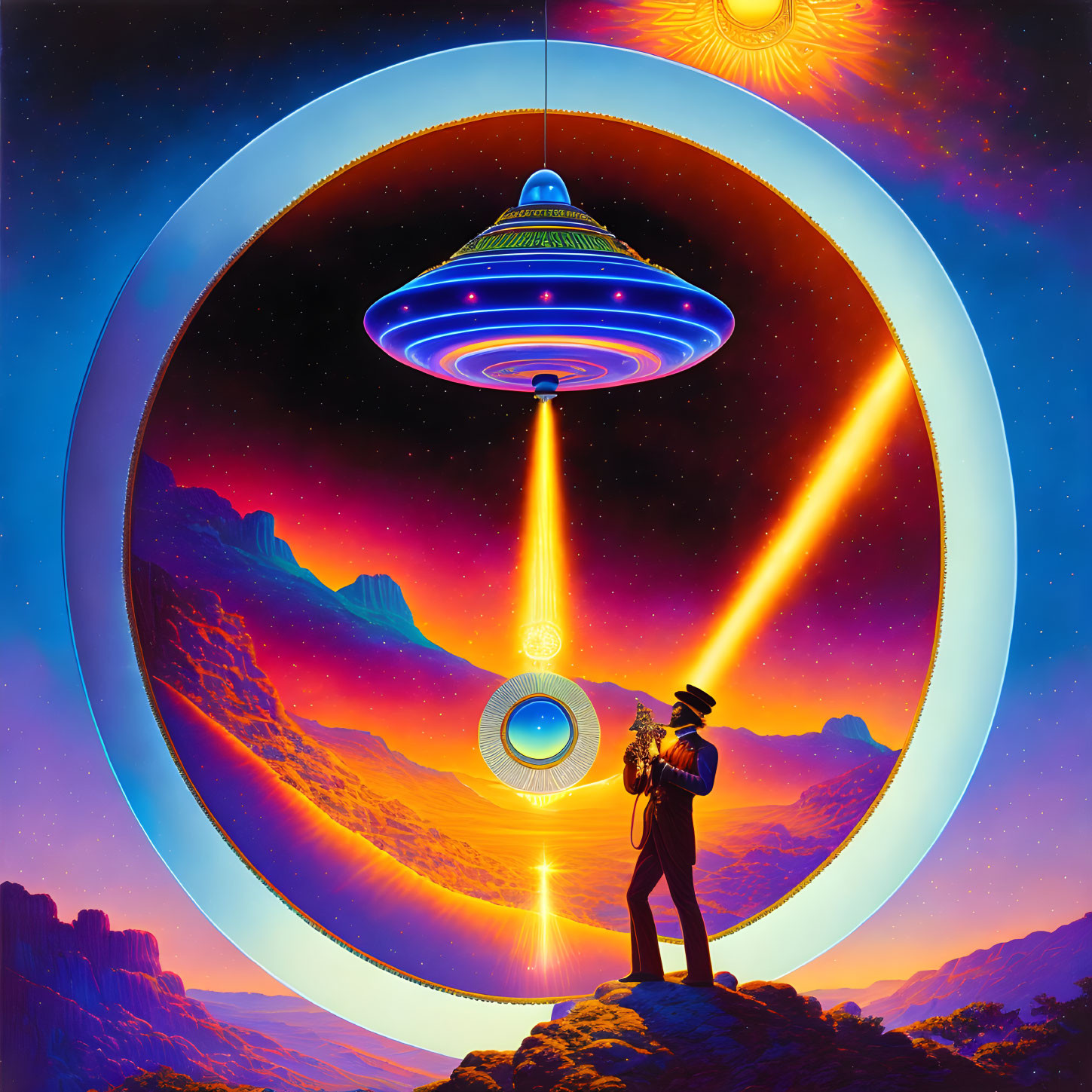 Sci-fi inspired image: Figure with trumpet, UFOs, cosmic backdrop