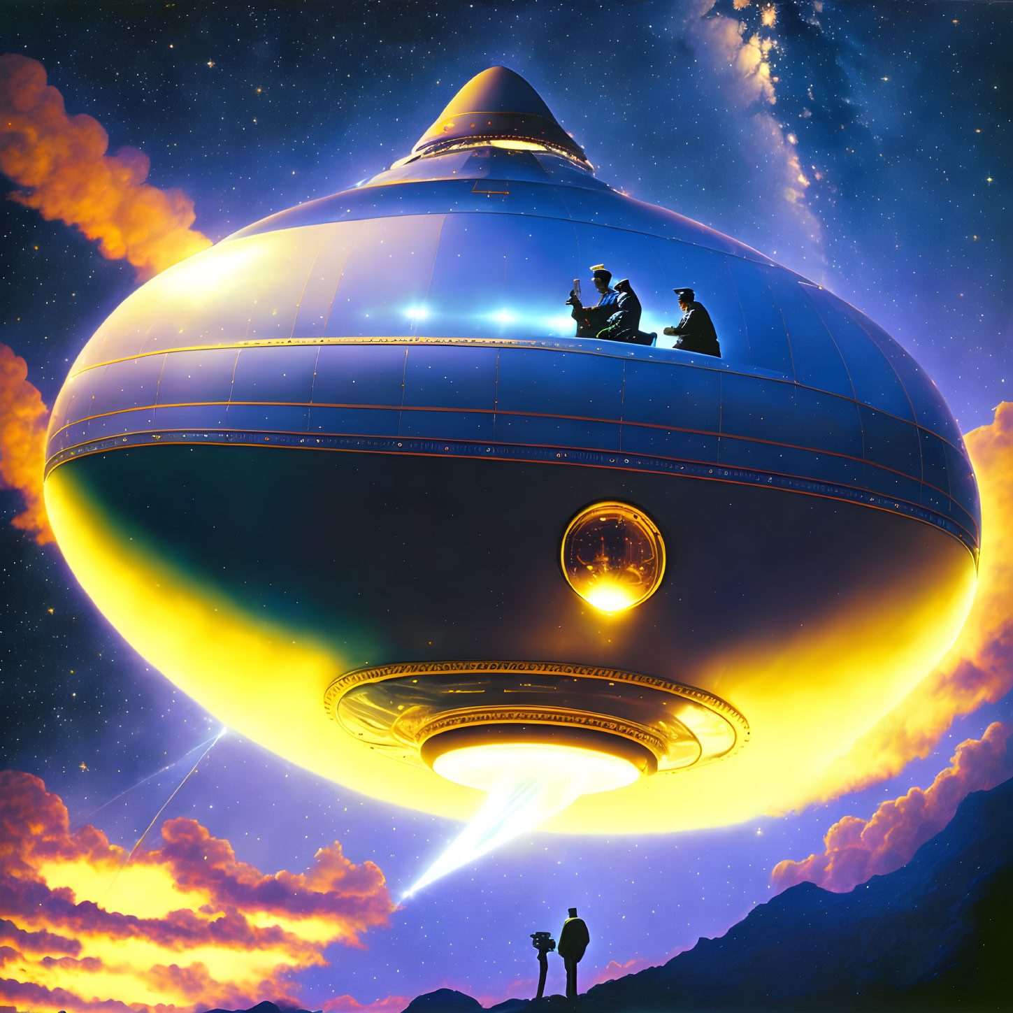 Two people on a massive spaceship watch a figure beneath a twilight, starlit sky.