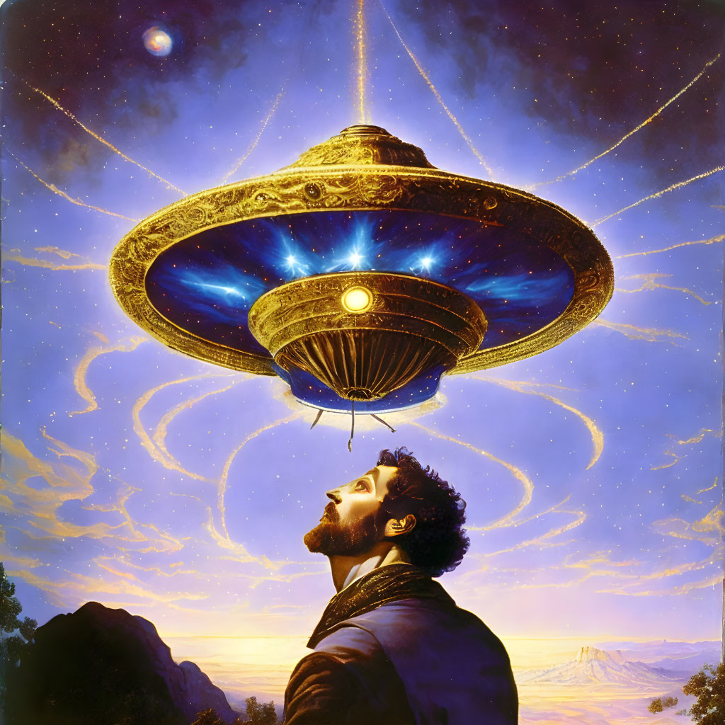 Man looking at ornate UFO in twilight sky with stars and planets