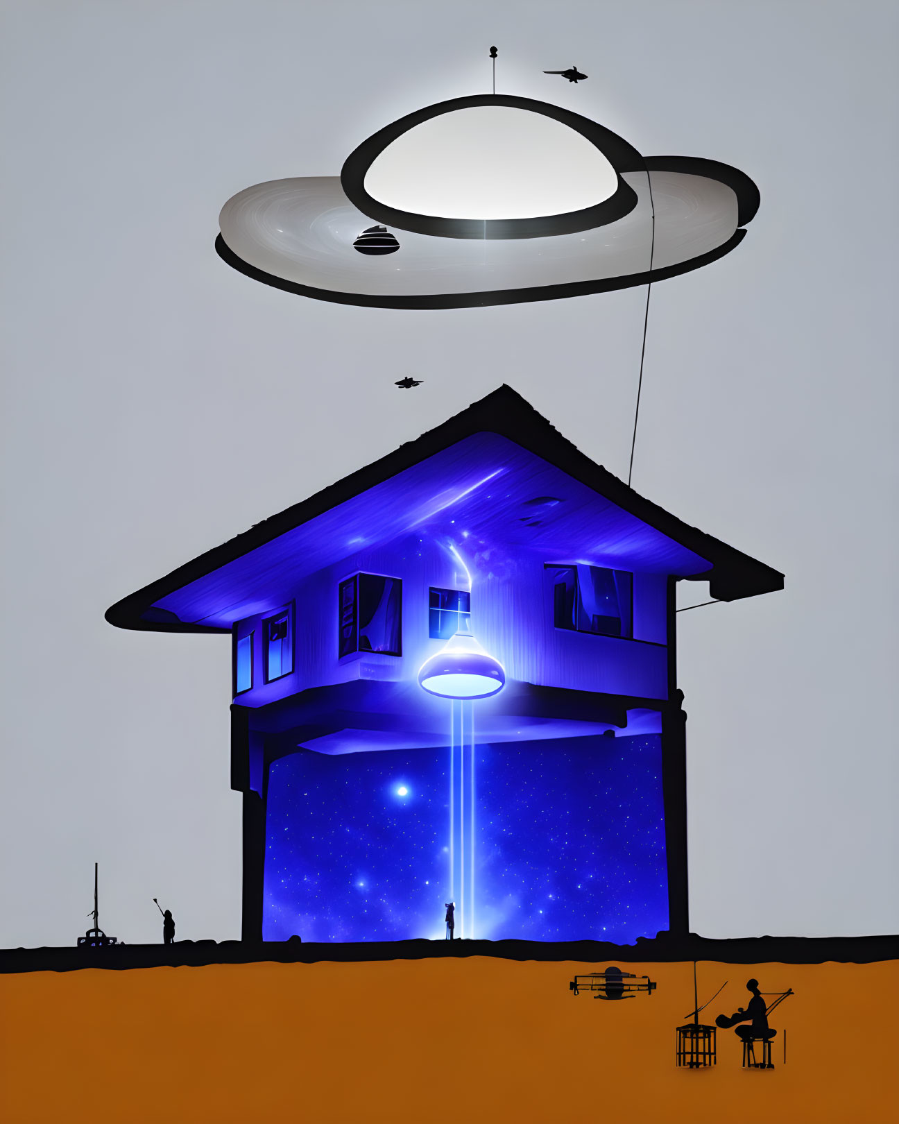 Surreal floating house under large UFO with beam of light - stark background