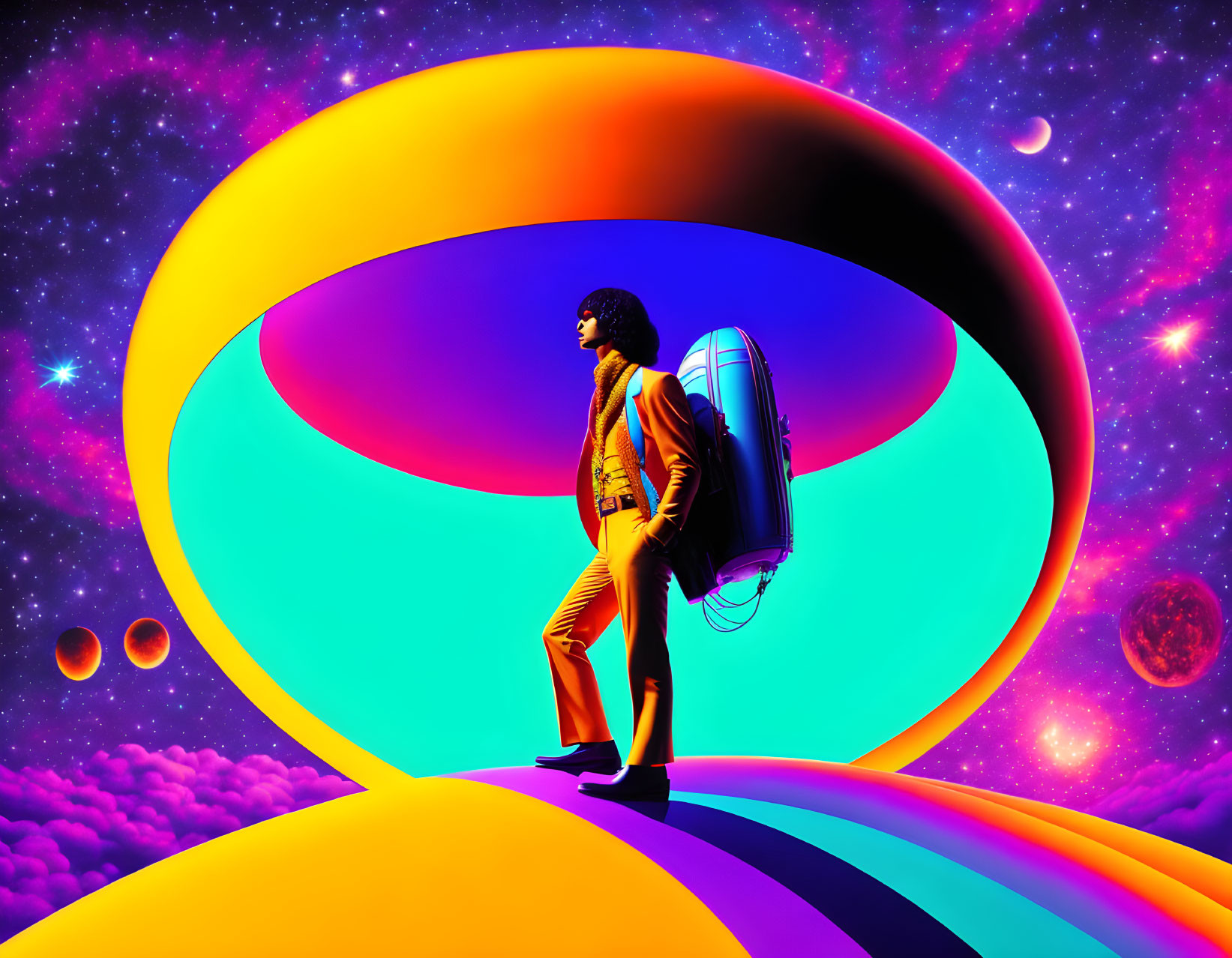 Stylish person on colorful pathway with giant rings in starry space