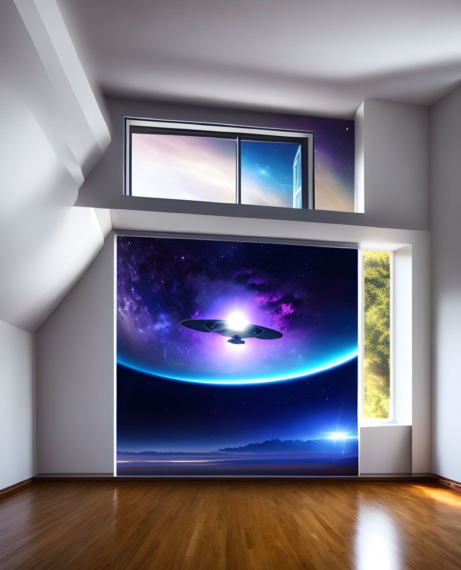 Modern room with wooden floor and large windows displaying surreal outer space view.