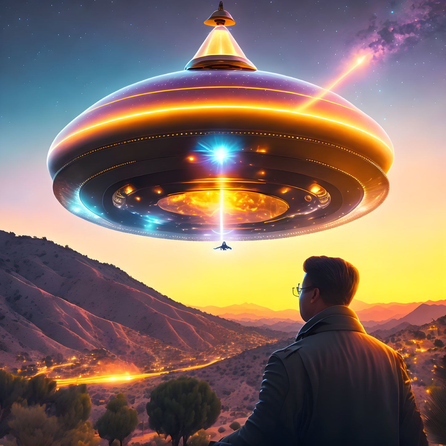 Man in suit watches UFO descending over mountain landscape at sunset