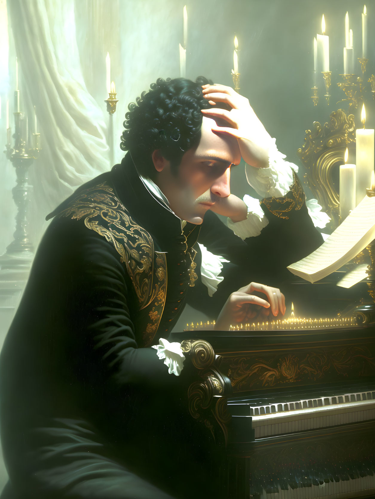 Man in historical clothing at piano with lit candles in contemplation