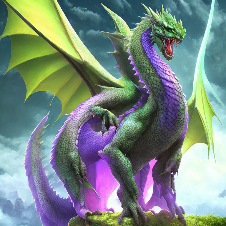 Majestic green dragon with expansive wings against sky backdrop