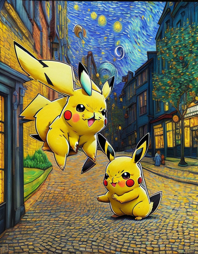 Colorful Street Scene with Two Pikachu Characters Inspired by Van Gogh's "Starry Night