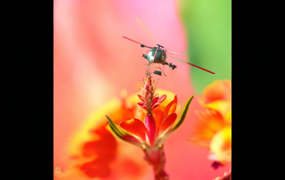 Miniature helicopter balanced on vibrant flower in soft pink and green hues