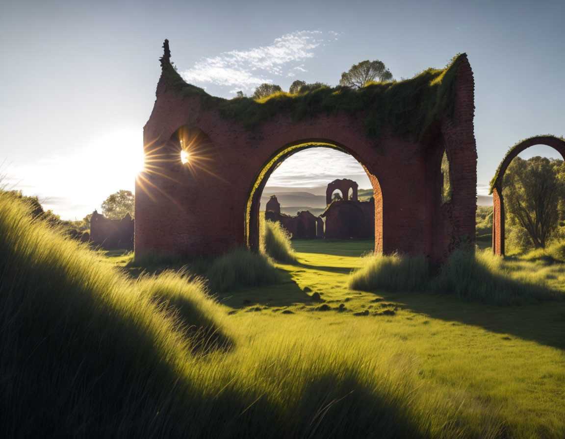 Sunset ruins with overgrown grass and sunbeams casting shadows.