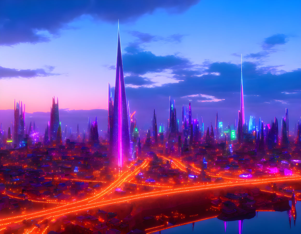 Futuristic cityscape at dusk: vibrant neon lights, towering skyscrapers