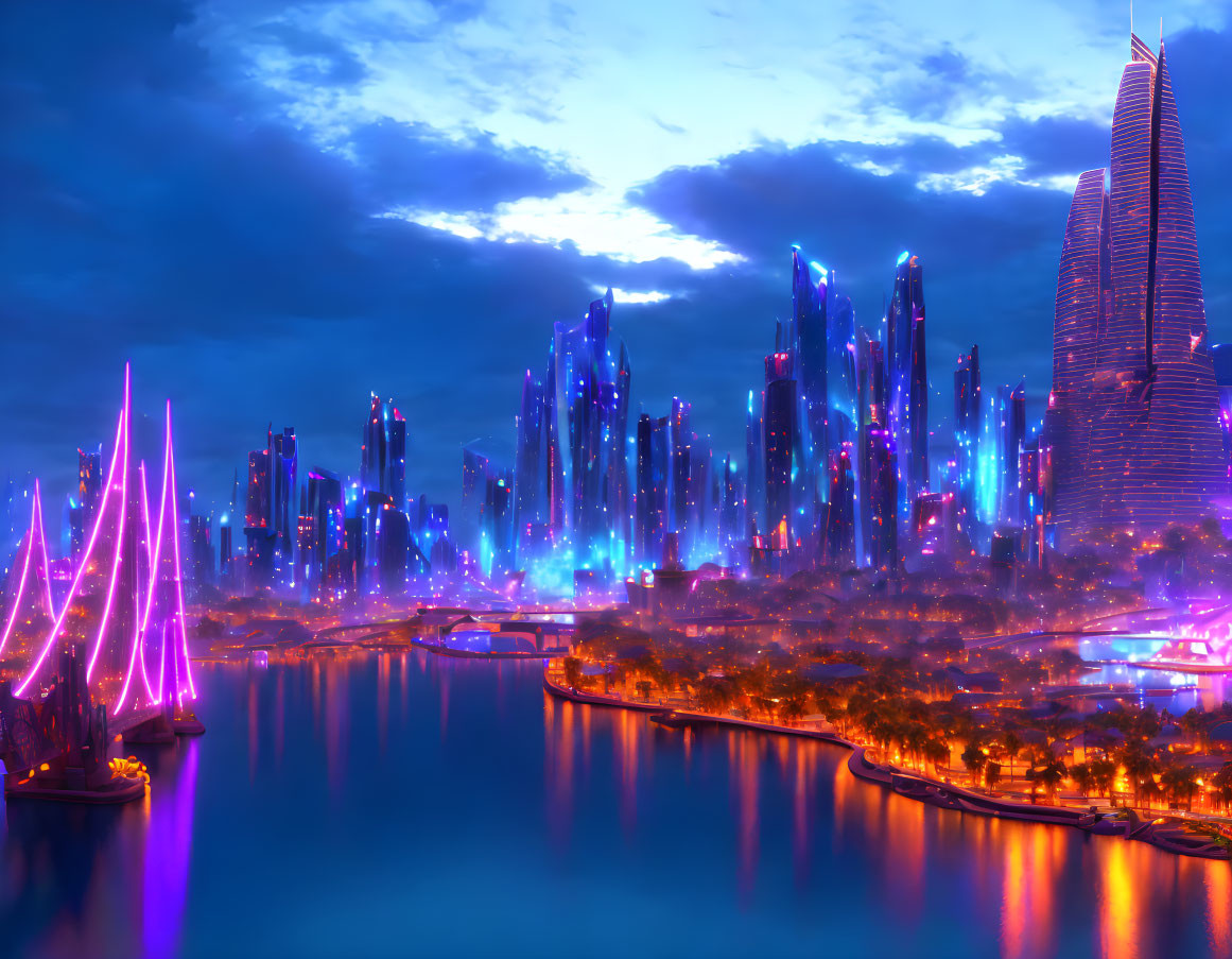 Futuristic cityscape at dusk with towering skyscrapers and luminous bridges