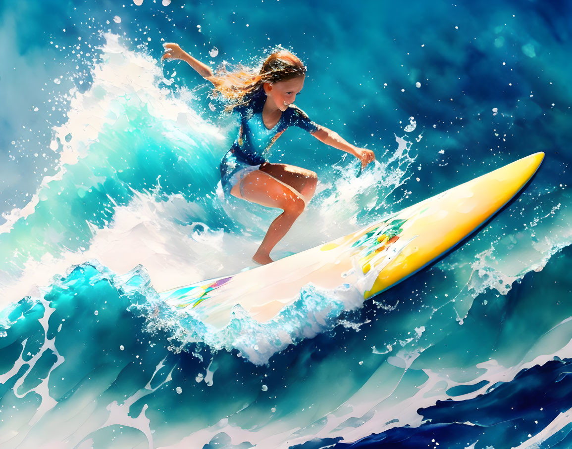 Young girl surfing on yellow surfboard in vibrant blue ocean