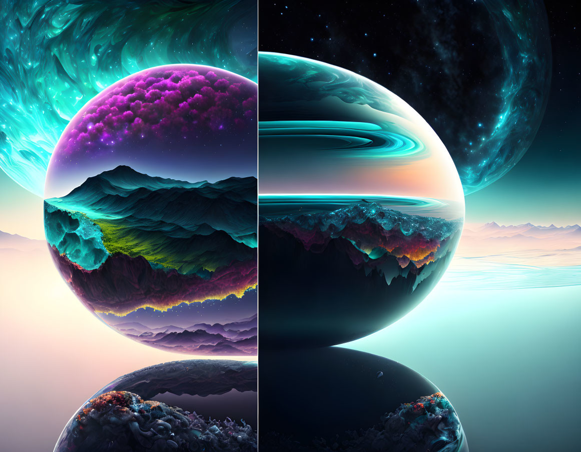 Digital artwork: Contrasting alien worlds with purple and blue landscapes orbiting a luminous celestial body