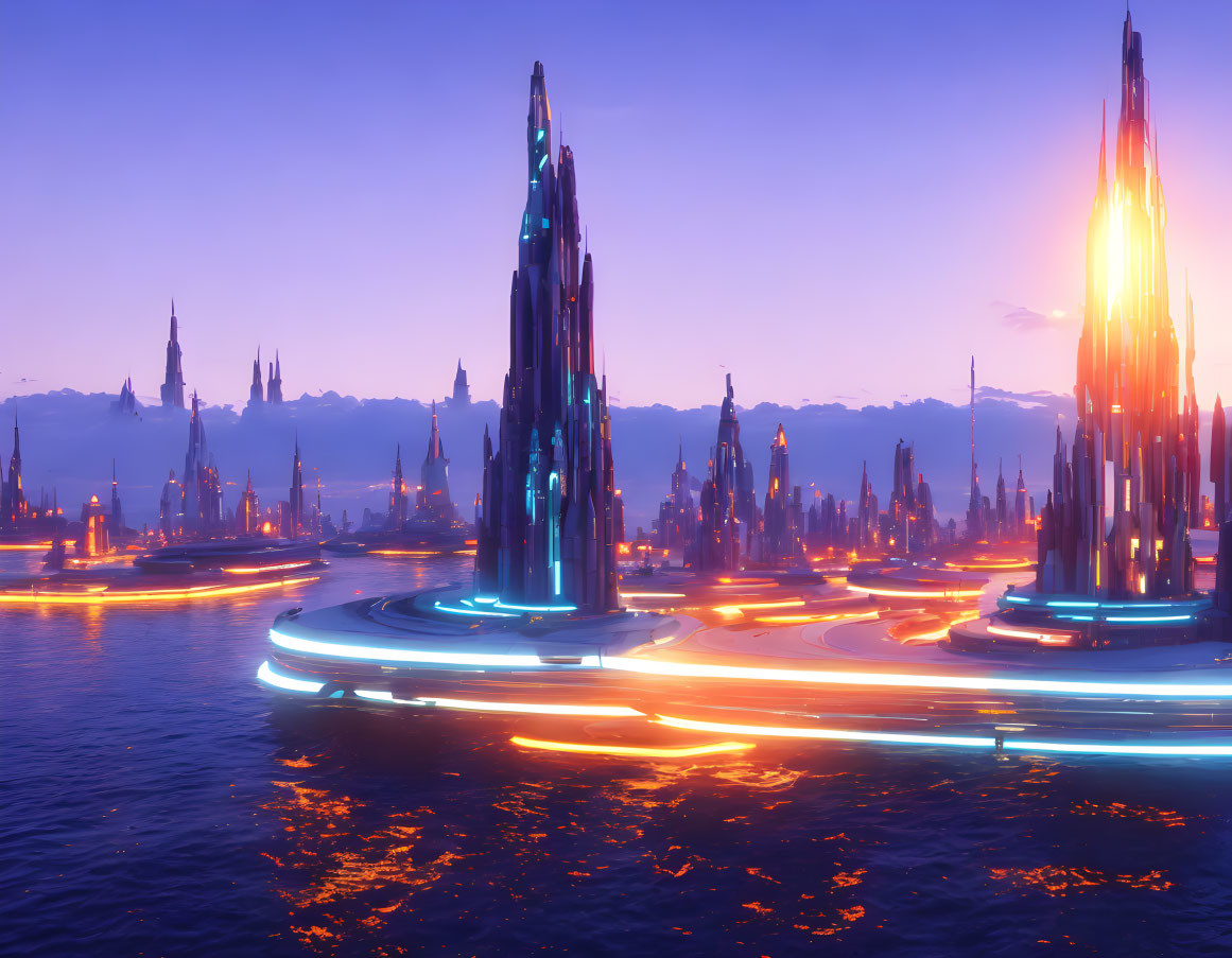 Futuristic cityscape with illuminated spires and transportation networks at dusk