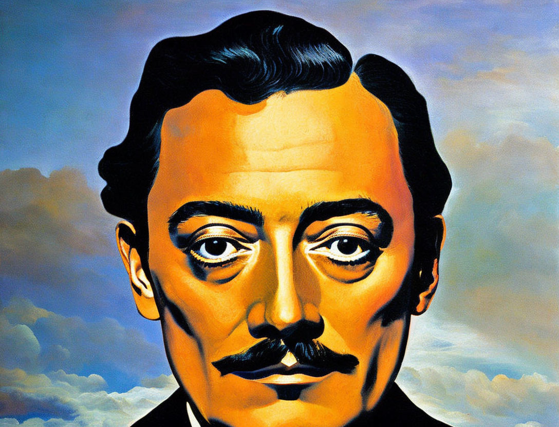 Hyperrealistic Salvador Dalí painting against fluffy cloud backdrop