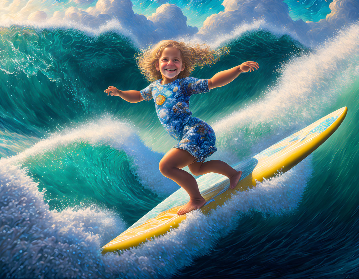 Child surfing large wave on yellow surfboard with splashing water and sun reflection