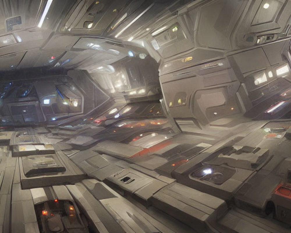 Futuristic Spaceship Interior: Metallic Panels, Glowing Lights, Detailed Sci-Fi Environment