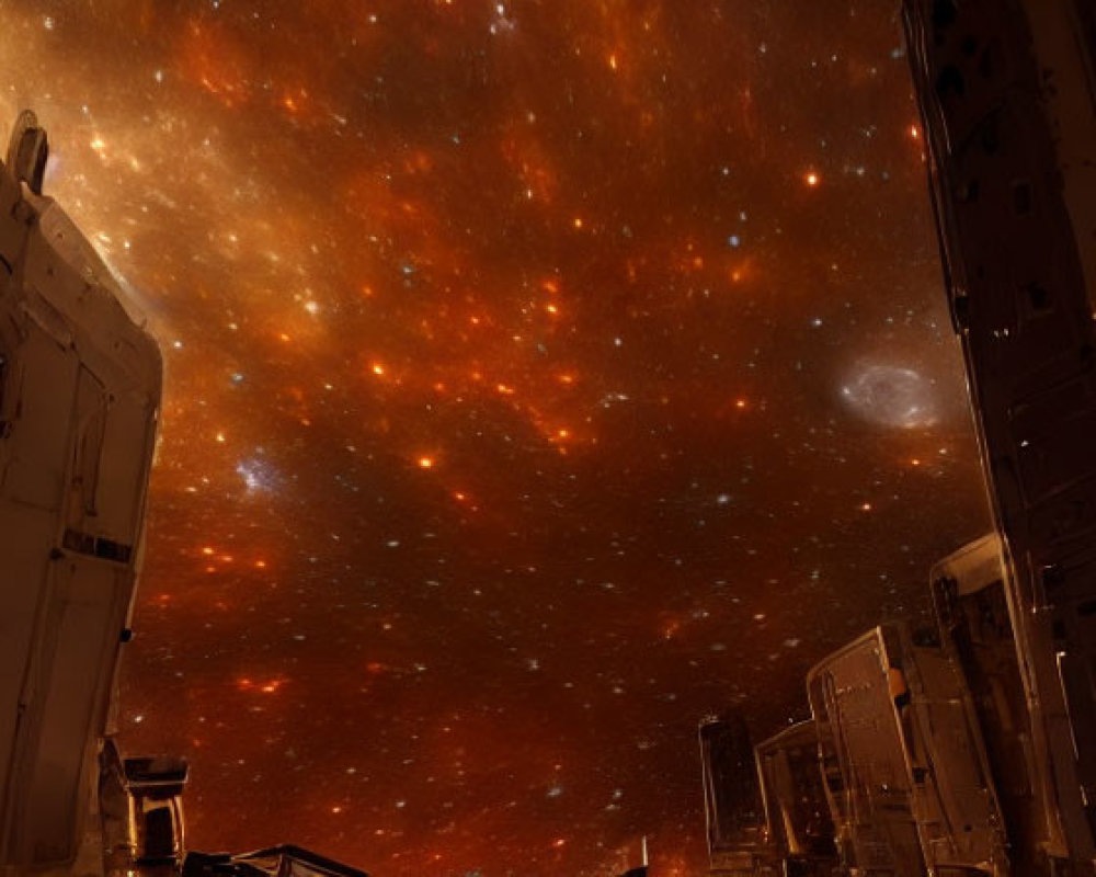 Starry Sky with Orange Nebula Clouds Seen from Spacecraft Interior