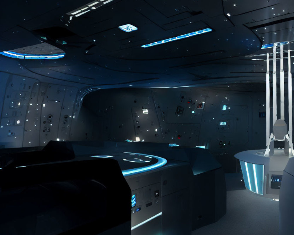 Sleek spaceship interior with blue lighting and advanced control panels