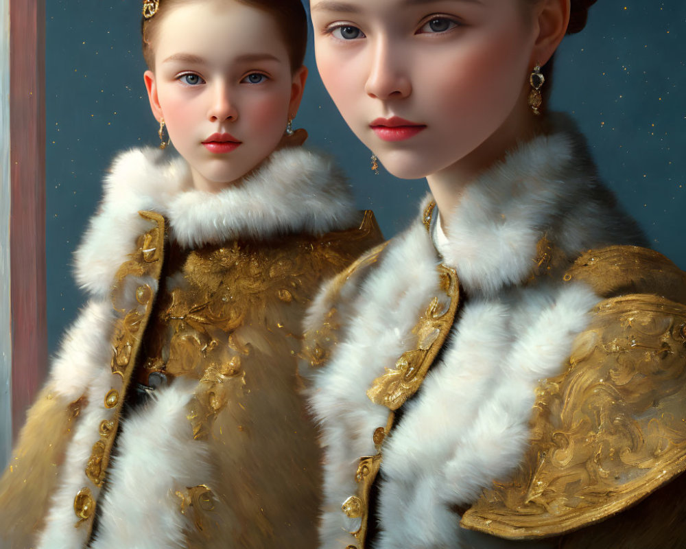 Two females in ornate historical attire with gold embroidery and fur collars, one gazing forward,