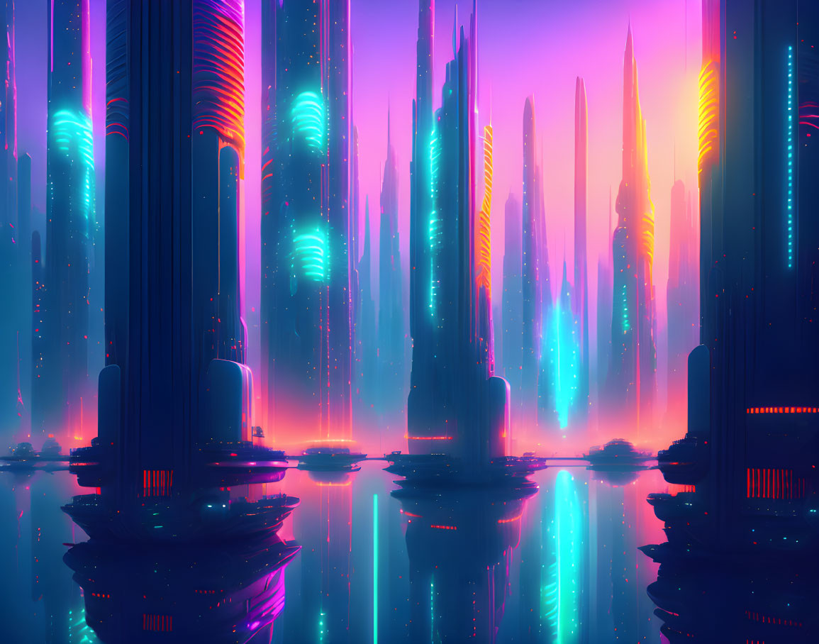 Futuristic cityscape with neon-lit skyscrapers reflected in water at twilight