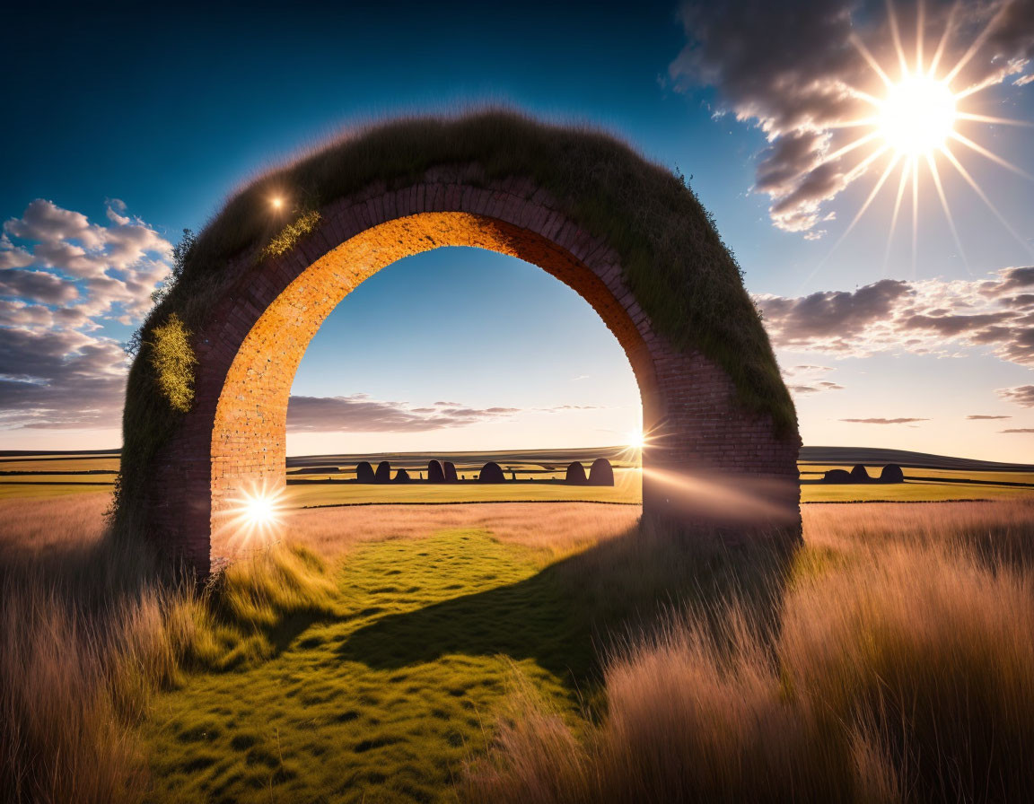 Lush grassy arch under bright sunburst in clear blue sky